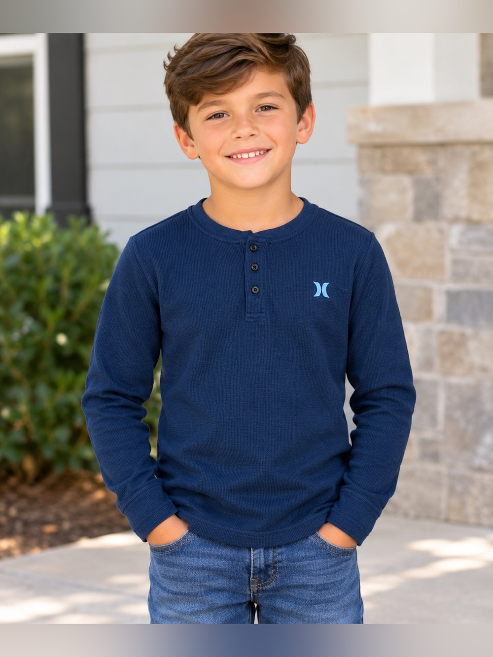 Boys Hurley Long-Sleeve Waffle-Knit Thermal Henley Top - Navy Blue - Size 8